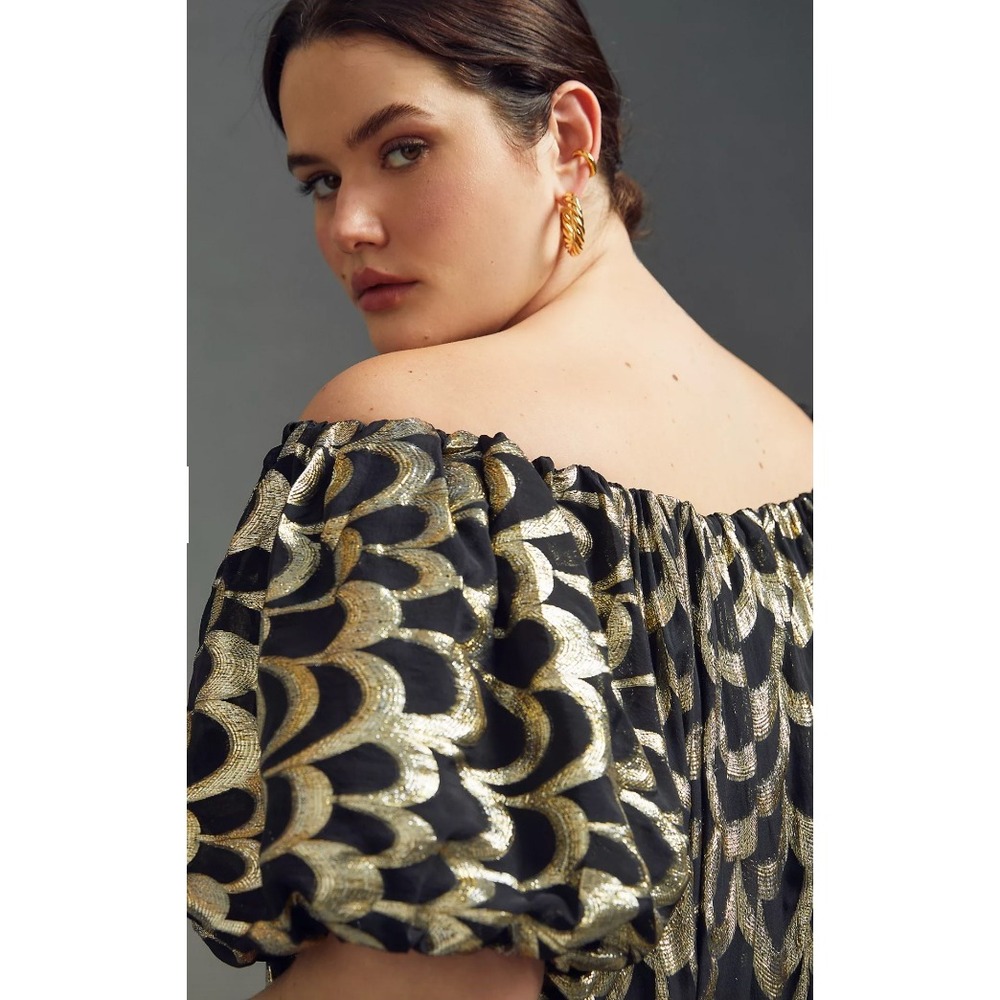 Delfi Mini Dress Women 1XL Black Gold Silk Off Shoulder NYE Party Cocktail Event